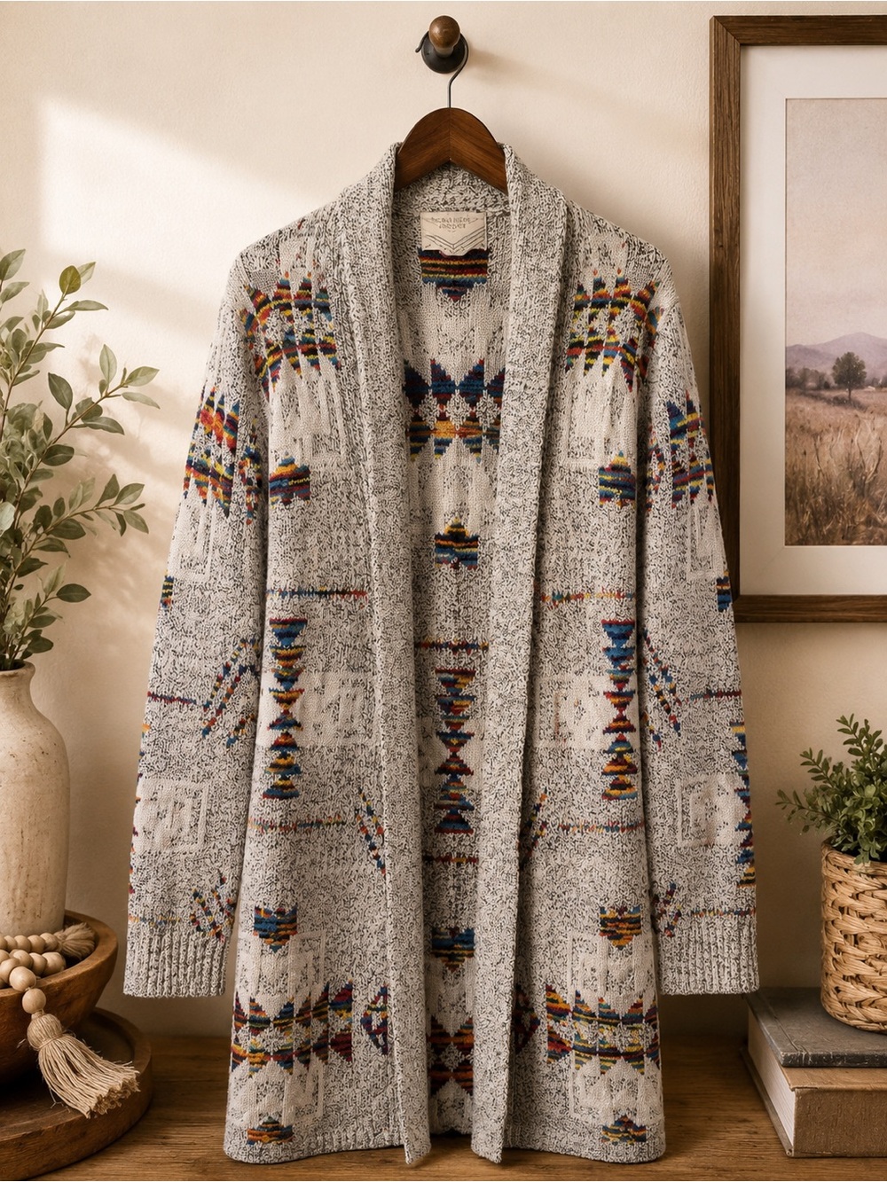 Northern Angel Southwestern Aztec Open Front Cardigan Sweater Gray L